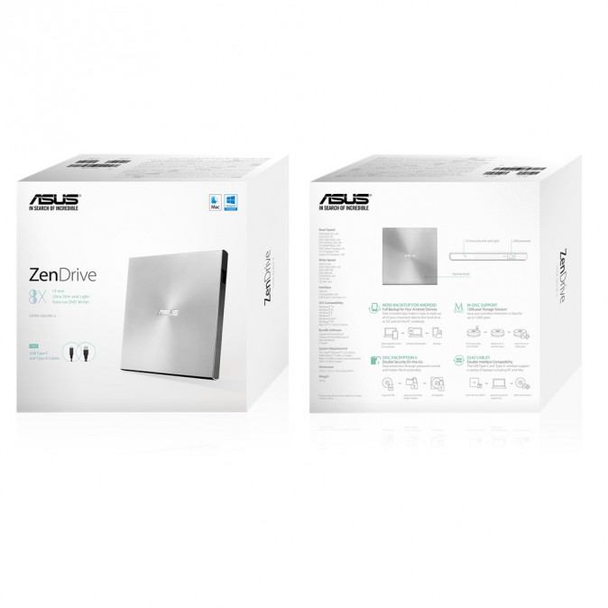 ASUS SDRW-08U9M-U, USB Type-C and Type-A, Ultra-Slim, Silver PC