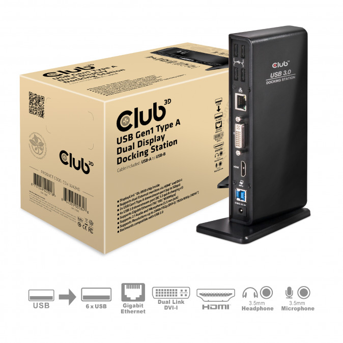 DOCK CLUB3D Sensevision USB 3.0 Dual Display Docking Station PC