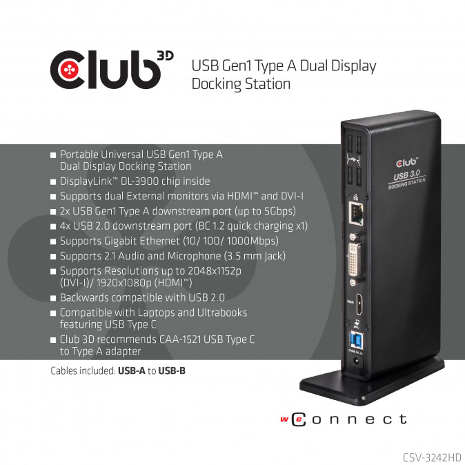 DOCK CLUB3D Sensevision USB 3.0 Dual Display Docking Station PC