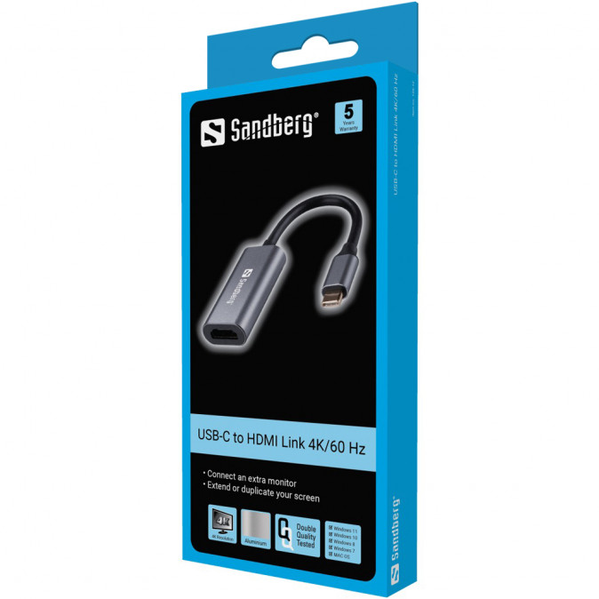 Sandberg Kábel Átalakító - USB-C to HDMI Link (ezüst; USB-C bemenet; HDMI (anya) kimenet; 2048x1152@32bit) PC