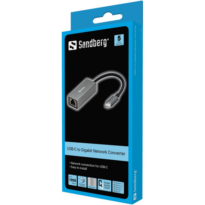 Sandberg Kábel Átalakító - USB-C Gigabit Network Adapter (ezüst; USB-C bemenet; RJ45 kimenet; Gigabit) PC