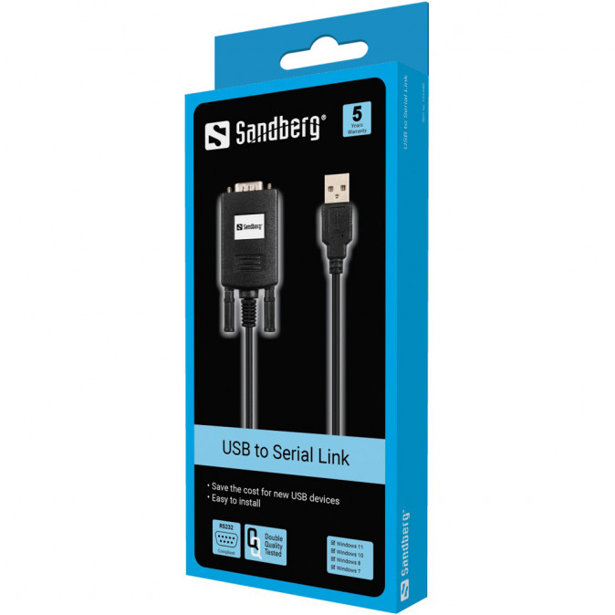 Sandberg Kábel Átalakító - USB to Serial Link (fekete; USB bemenet - RS232 9pin kimenet; 30cm) PC