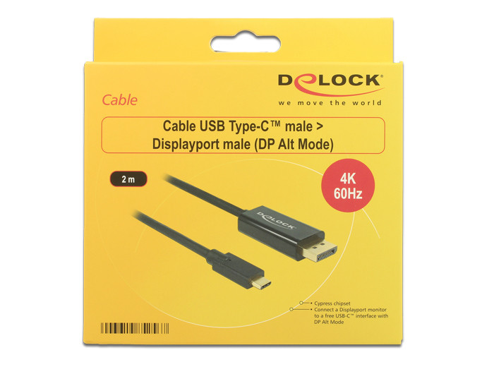 DeLock Cable USB Type-C male > Displayport male (DP Alt Mode) 4K 60 Hz 2m Black PC
