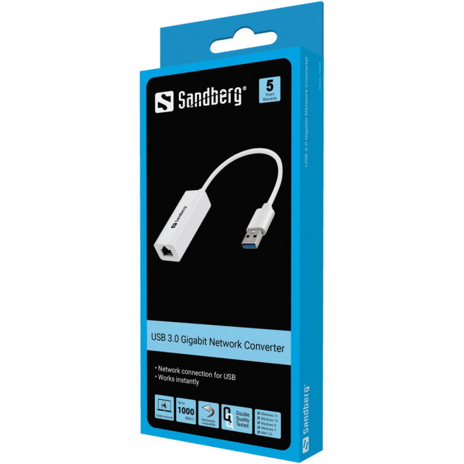 Sandberg Hálózati Adapter - USB3.0 Gigabit Network Adapter (USB3.0, RJ45, 10/100/1000Mbps, fehér) PC