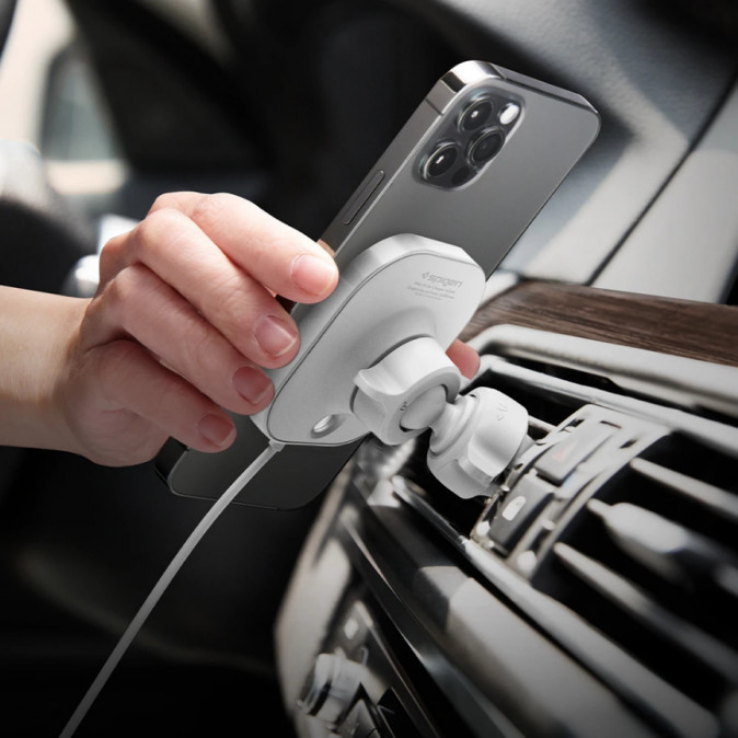 Spigen MagFit mágneses autós tartó MagSafe töltő kompatibilis, szellőzőrácsba, fehér Mobil