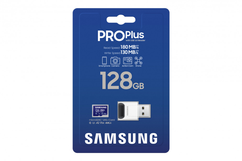SAMSUNG Memóriakártya, PRO Plus + Reader microSDXC 128GB, CLASS 10, UHS-I, U3, V30, A2, R180/W130 PC