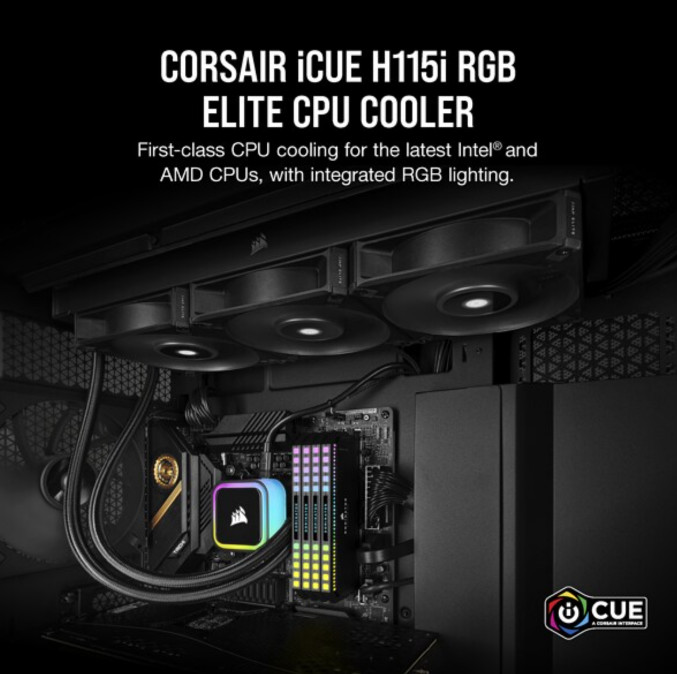 CORSAIR CPU hűtő iCUE H115i RGB ELITE (vízhűtés), 2 Ventilátoros, LGA1700 támogatással, fekete PC