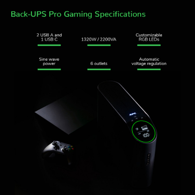 APC Back-UPS Pro Gaming, BGM2200 UPS, 2200VA/1320W, 4xSchuko 2xC13, LINE-INTERACTIVE szünetmentes,színuszos, AVR, RGB PC