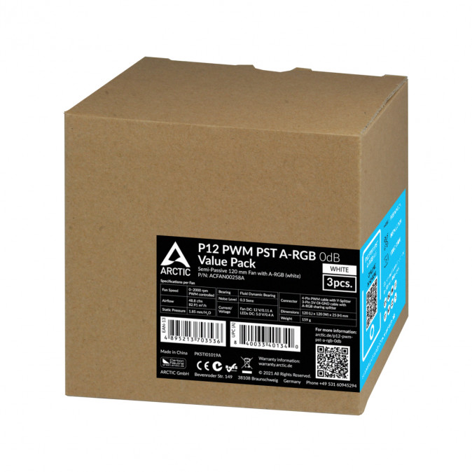 Arctic P12 PWM PST A-RGB 0dB Value Pack (3db/cs) White PC
