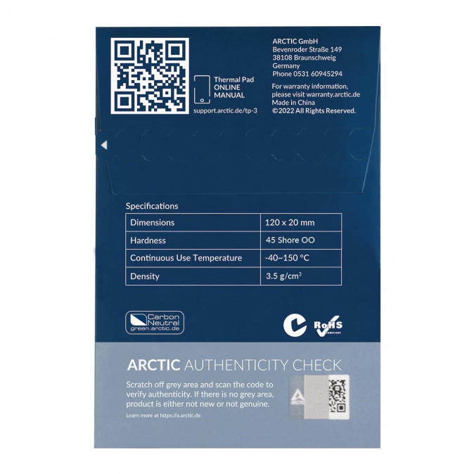 Arctic TP-3 120x20x1mm Hővezető lap (4lap/csomag) PC
