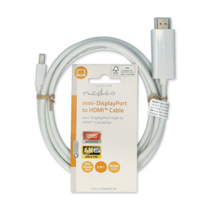 Nedis CCGL37600WT20 mini Display port1.2 kábel, mini Display port dugó - HDMI dugó, 1080p, 2m PC