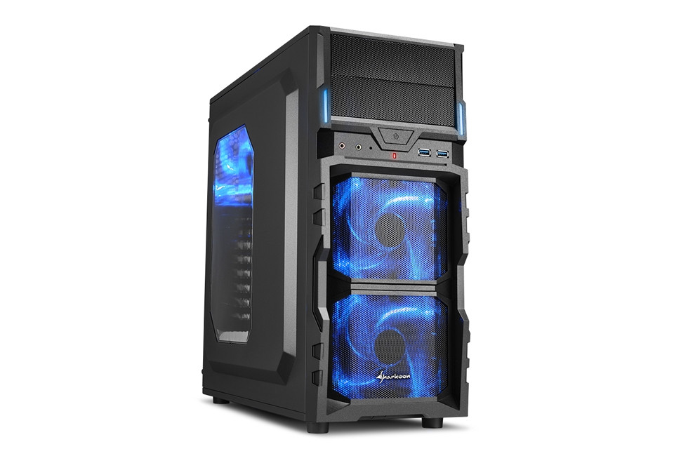 Sharkoon Számítógépház - VG5-W (fekete; kék belső; ATX,mATX; alsó táp; 1x120mm v.; 2xUSB3.0, I/O) PC