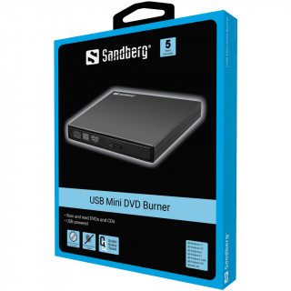Sandberg ODD Külső - USB Mini DVD író (Retail; USB; USB tápellátás; Fekete) PC