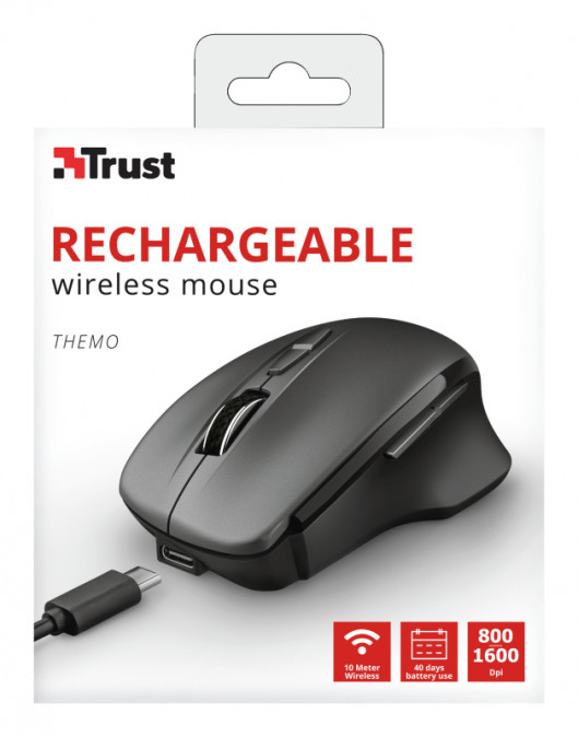 Trust Egér Notebook Vezeték Nélküli - Themo (Optikai érzékelo; 800-1600dpi; Beépített akkumulátor; fekete) PC