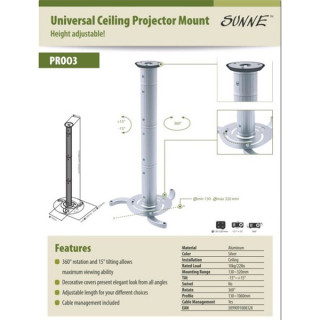 MOUNT-WALL SUNNE (PRO03) Projektor mennyezeti konzol dönthető, Profil:130-1060mm, max 10kg (ezüst) TV