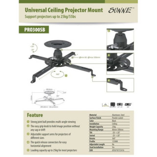 MOUNT-WALL SUNNE (PRO300SB) Projektor mennyezeti konzol dönthető, Profil: 135mm, max 25kg (fekete) TV