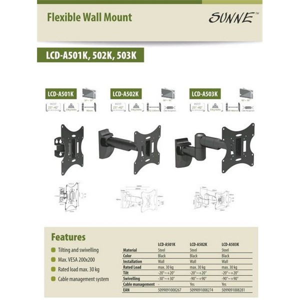 MOUNT-WALL SUNNE (LCD-A501K) Monitor fali konzol dönthető, forgatható, 23-42", faltáv: 90mm TV