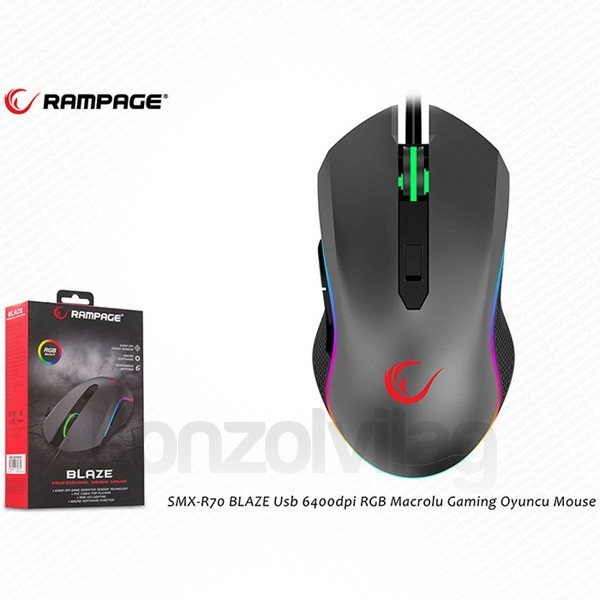 Rampage Egér Gamer - SMX-R70 BLAZE (6400DPI, 6 gomb, makro, RGB LED, 1,8m harisnyázott kábel, piros-fekete) PC