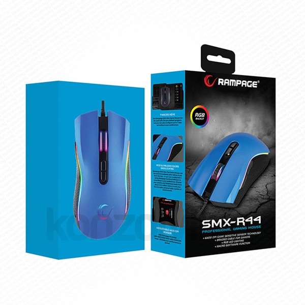 Rampage Egér Gamer - SMX-R44 Macro (6400DPI, 6 gomb, makro, RGB LED, 1,8m harisnyázott kábel, kék-fekete) PC