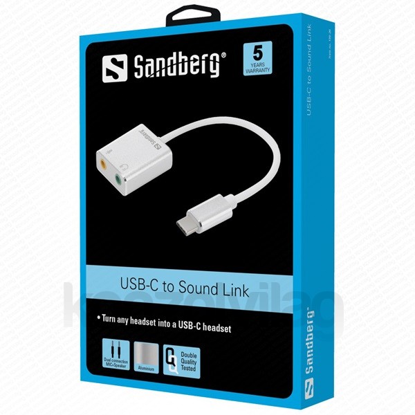 Sandberg Átalakító Kábel - USB-C to Sound Link (USB-C, 2x 3,5 mm jack, fehér) PC