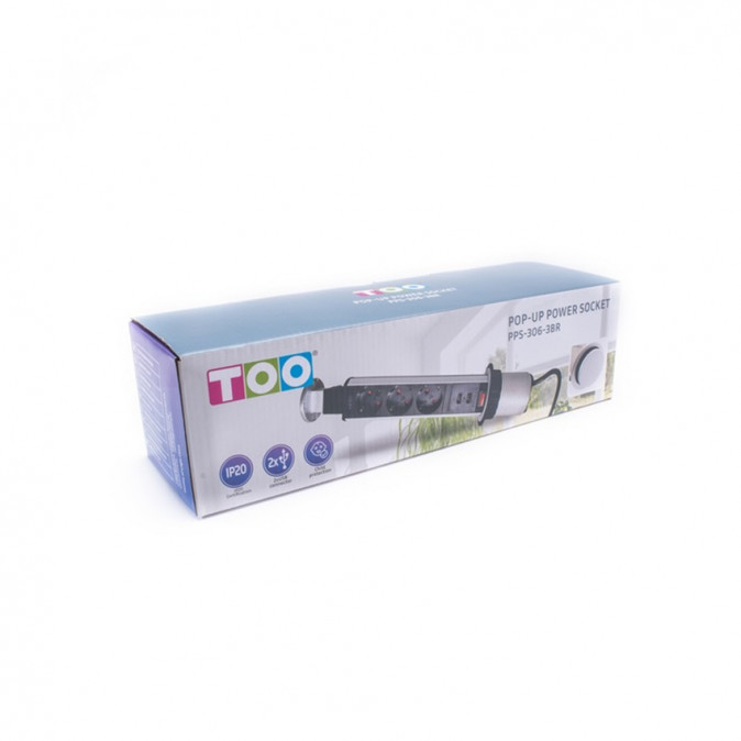 TOO PPS-306-3BR IP20, 3x 2P+F, 2x USB-A, szálcsiszolt asztalba süllyeszthető elosztó PC