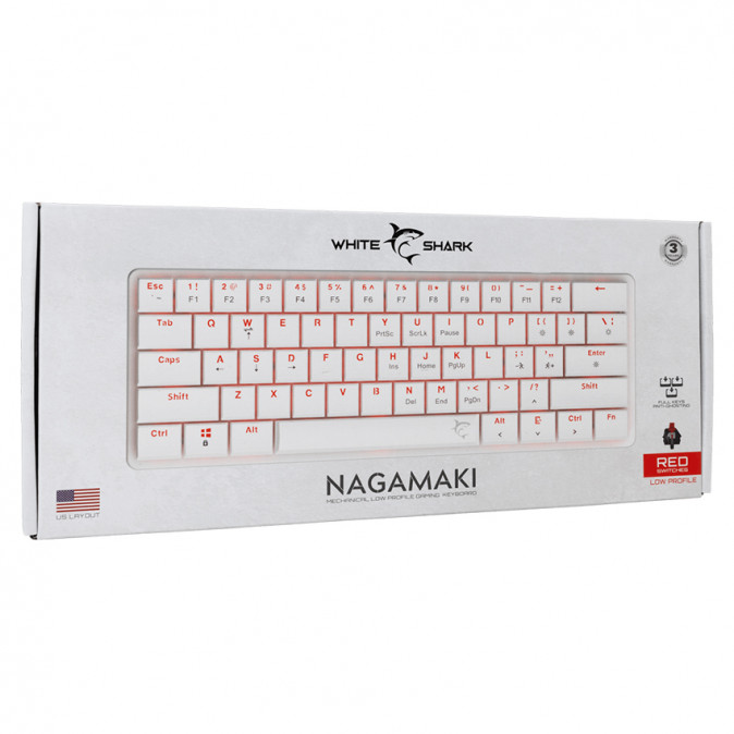 WHITE SHARK NAGAMAKI-W/R-US WS GK-006211-W/R-US mechanikus billentyűzet fehér, piros sw.61, angol PC